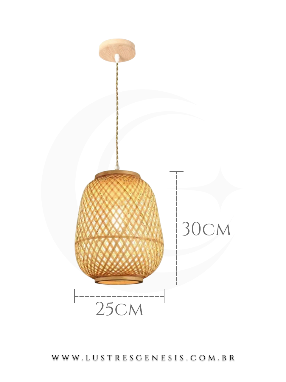 Pendente Cindora de madeira trançada, formato oval, 30cm de altura e 25cm de largura, ideal para mesas, balcão de cozinha, área gourmet e sítios.